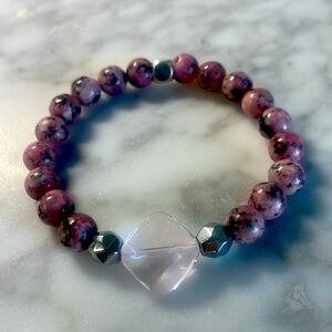Rhodonite & rose quartz crystal with silver hematite bracelet